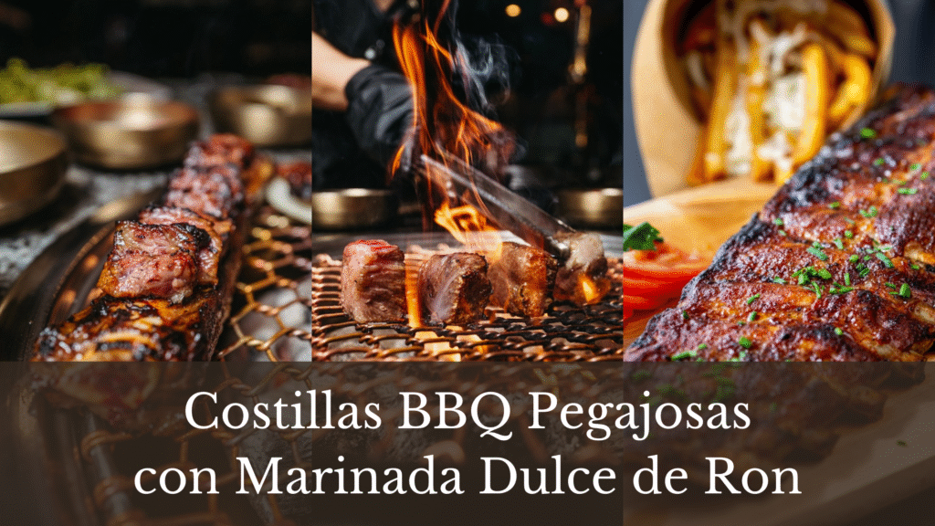 Collage of three images showing juicy grilled ribs with smoky char and sticky glaze