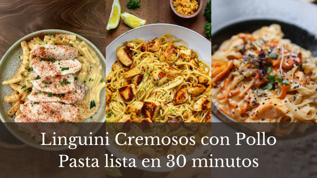 Collage of three plates of creamy chicken linguine pasta, garnished with parsley and parmesan, showcasing different serving styles.
