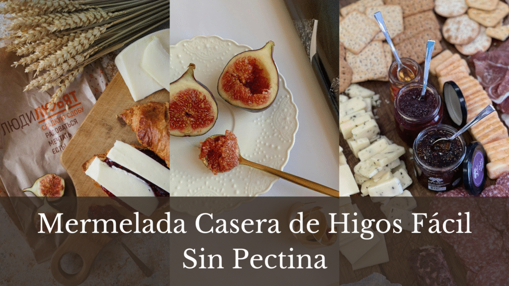 Collage of three homemade fig jam photos showing jars, spoonfuls, and toast with fig jam
