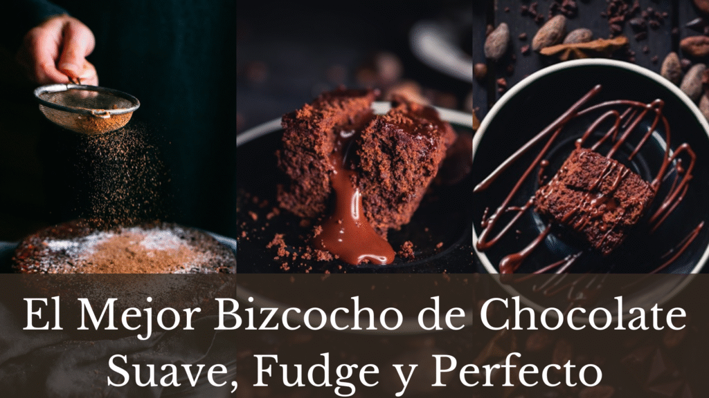 A collage of three images showing pieces of moist & fudgy chocolate cake.