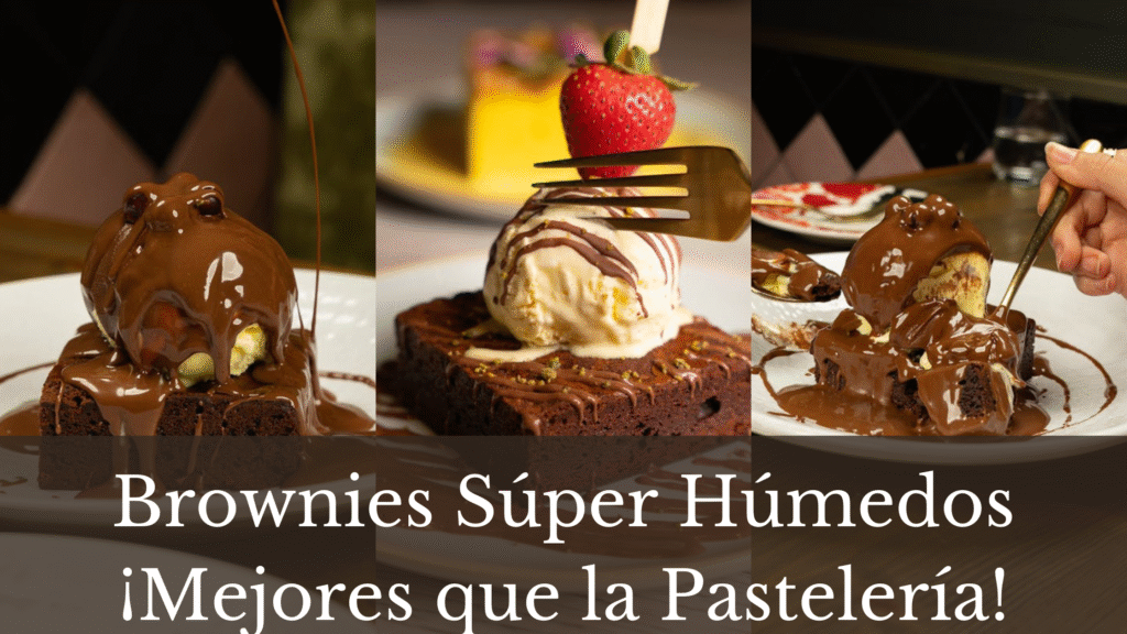 A collage of three images of well dressed and presented chocolate brownies.