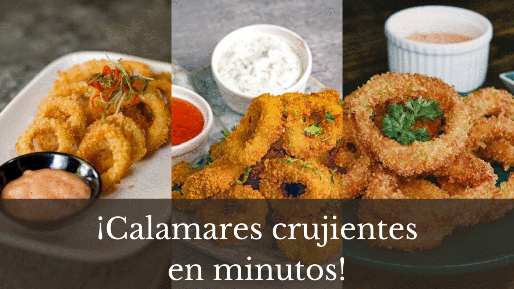 A collage of three images presenting golden and crispy fried calamari rings.