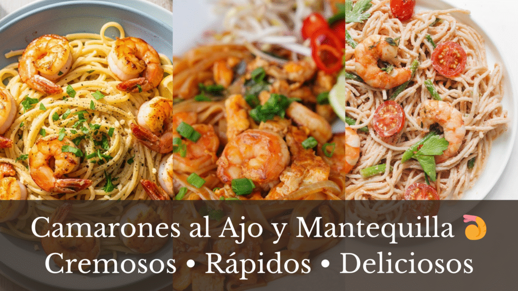 A collage of three images showcasing plates of garlic butter shrimp