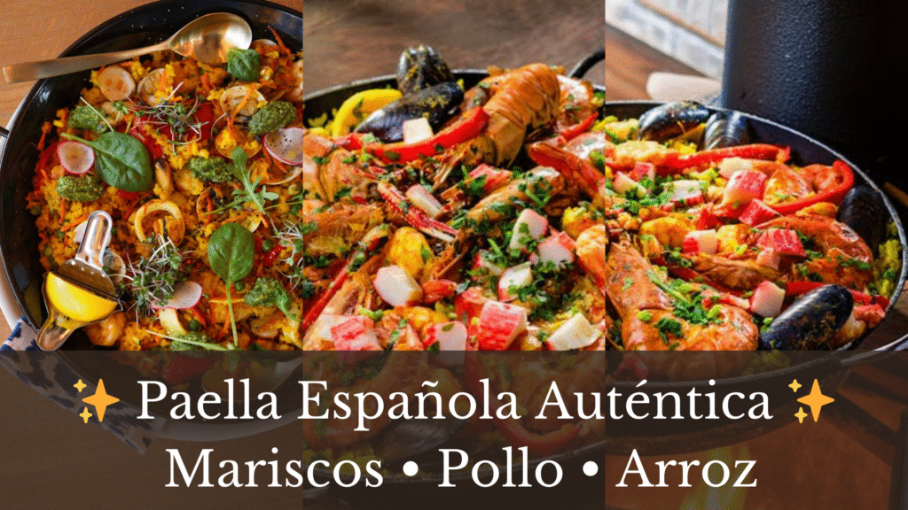 A collage of three images showcasing the golden spanish paella pan ready to serve