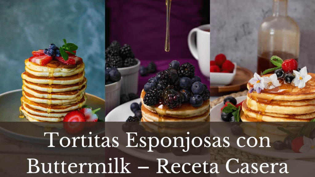 A collage of three images presenting mouth watering pancakes with honey, strawberries, and blueberries.