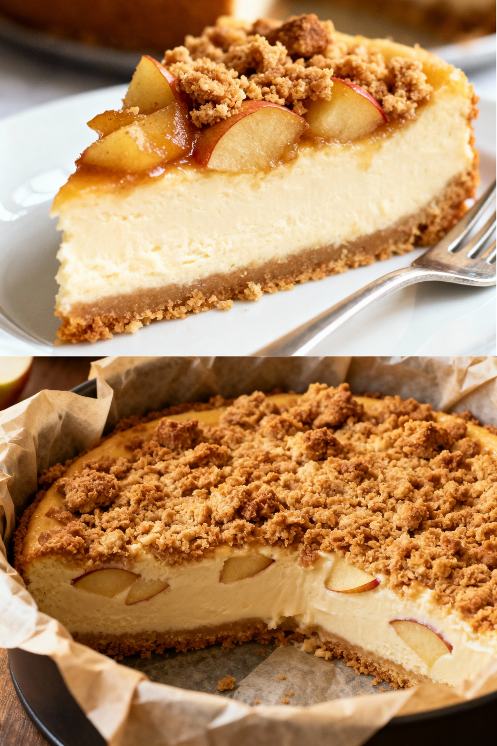 A collage of two images of cinnamon apple cheesecake.