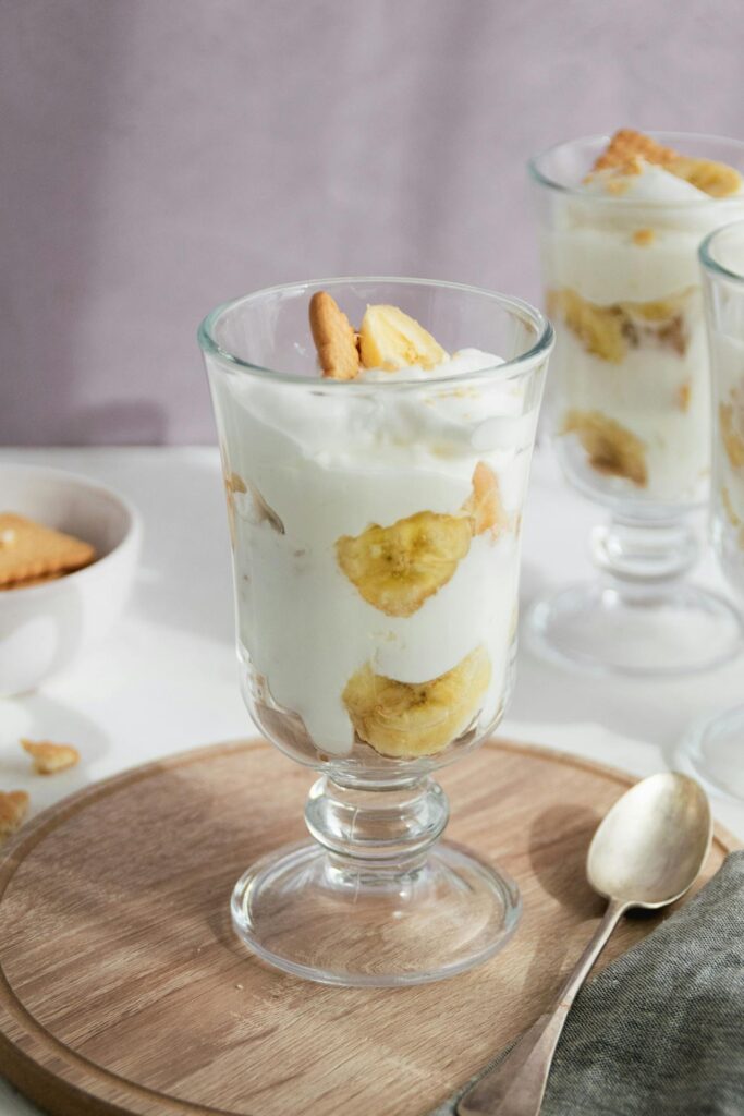 A glass of banana cream pie