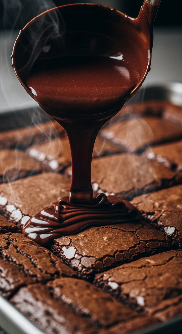 An image of borwnies with melted chocolate pouring.
