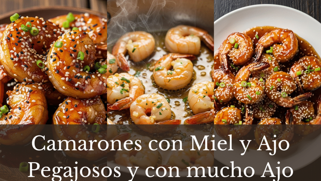 A collage of three images presenting golden honey garlic shrimp plates.