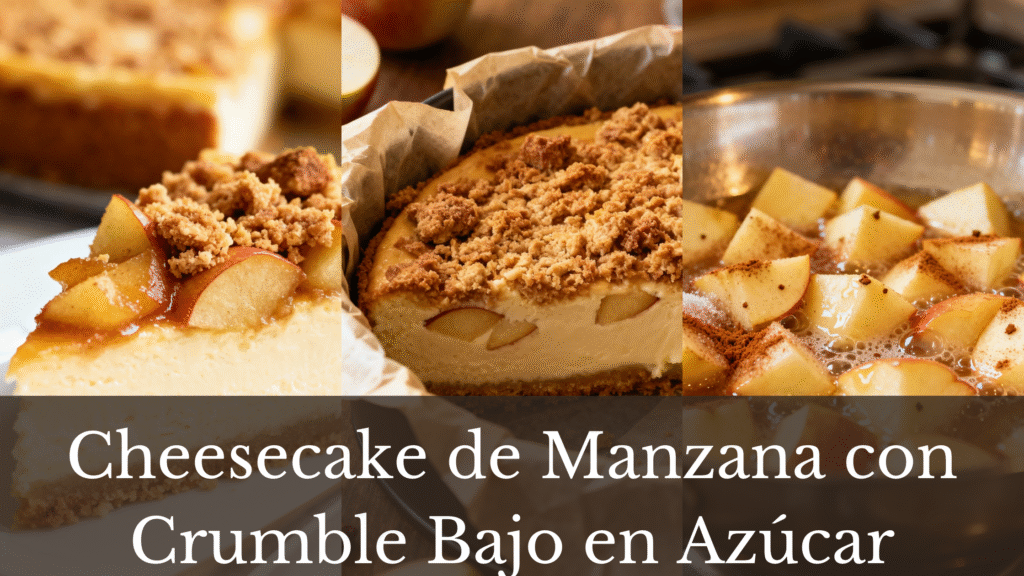 A collage of three images presenting apple cinnamon cheesecake.