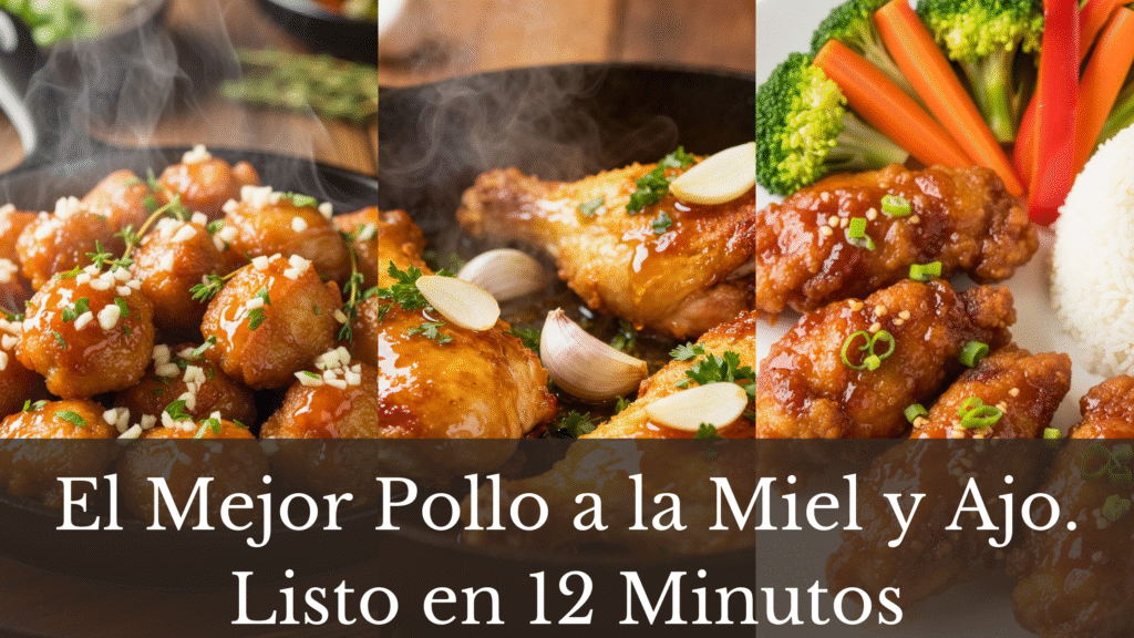 A collage of three images presenting the golden honey garlic chicken.