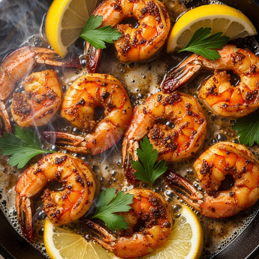 A boiling pan of golden cajun shrimp with herbs and lemon slices.